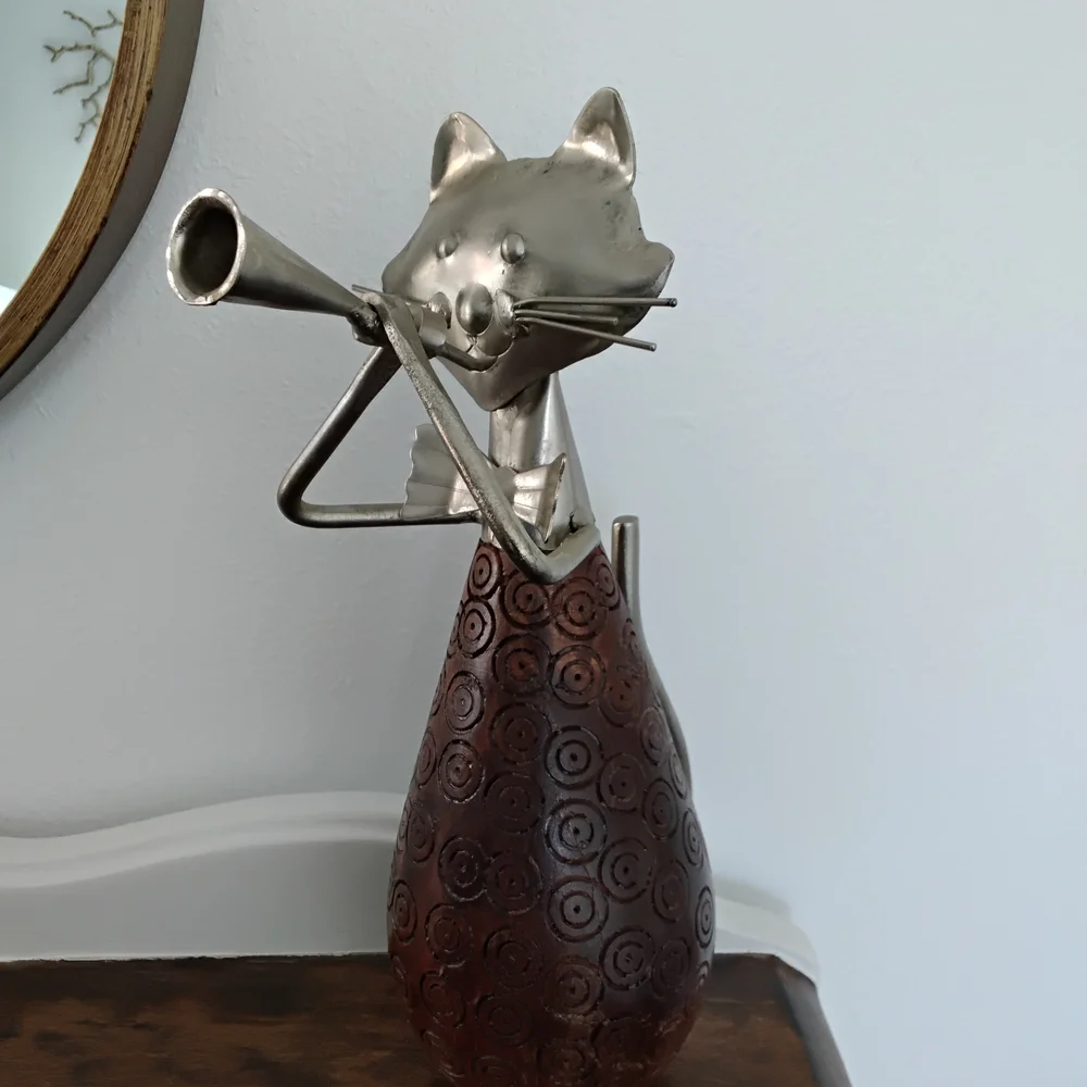 Pier 1 Wood And Metal Cat Figurine Playing Horn.